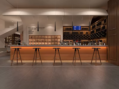 Modern Bar Interior Featuring Wooden Counter Bar Stools Wine Racks And Pendant Lights 3d model