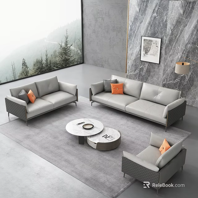 Modern Sofa And Coffee Table Set With Gray Sofas Orange Cushions Round Coffee Table 3d model