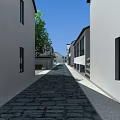 Ancient Architecture Alley With Stone Paved Path White Walls And Windows