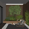 Serene Courtyard Garden With Lush Green Plants Large Tree Wooden Wall Outdoor Seating And Stone Flooring
