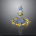 Rotating Amusement Ride Building with Central Tower MOON STAR Sign Yellow Cars and Blue Accents