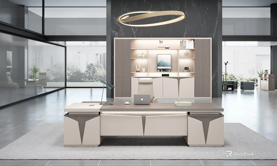 Modern Office Desk With Circular Pendant Light Laptop Desk Lamp And Marble Backdrop 3d model 