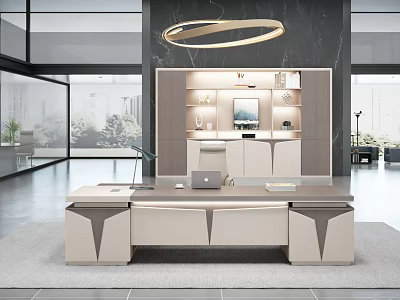 Modern Office Desk With Circular Pendant Light Laptop Desk Lamp And Marble Backdrop 3d model