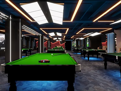 Modern Billiard Room Interior With Green Felt Tables And Ceiling Lights 3d model