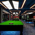 Modern Billiard Room Interior With Green Felt Tables And Ceiling Lights 3d model