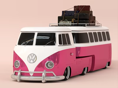 Pink and White Volkswagen Vintage Van with Luggage on Roof Top 3d model