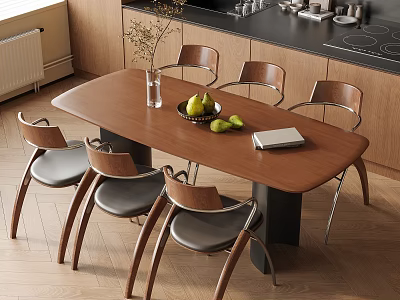 Modern Wooden Dining Table Chair Set With Vase Fruit Bowl Notebook In Kitchen 3d model