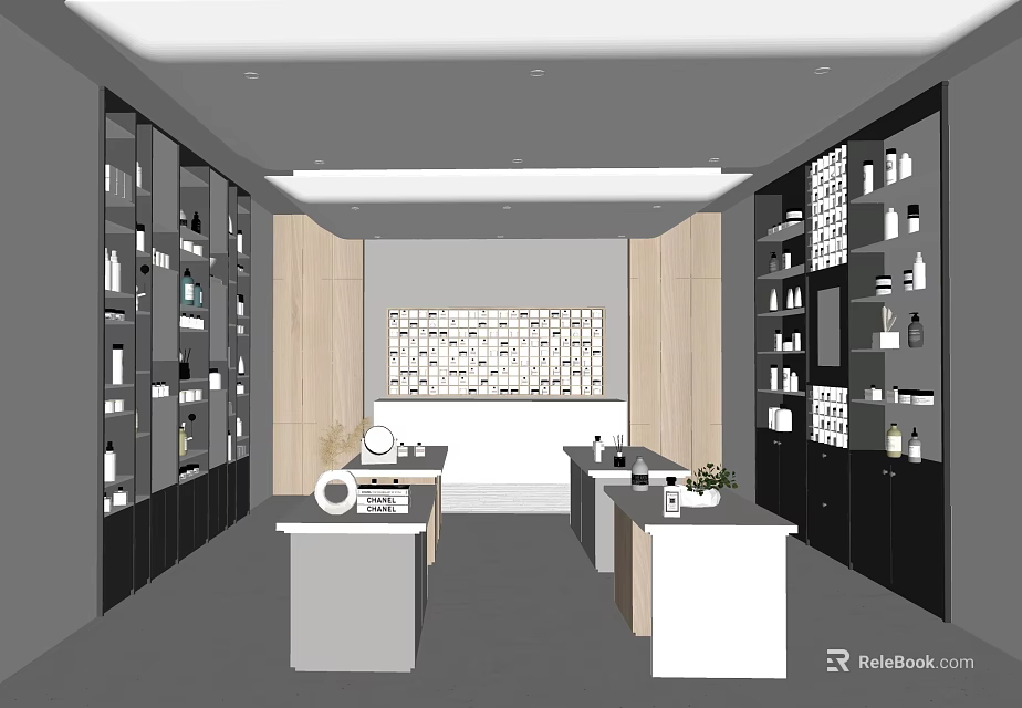 Modern Retail Store Interior With Display Shelves Counters And Product Displays 3d model 