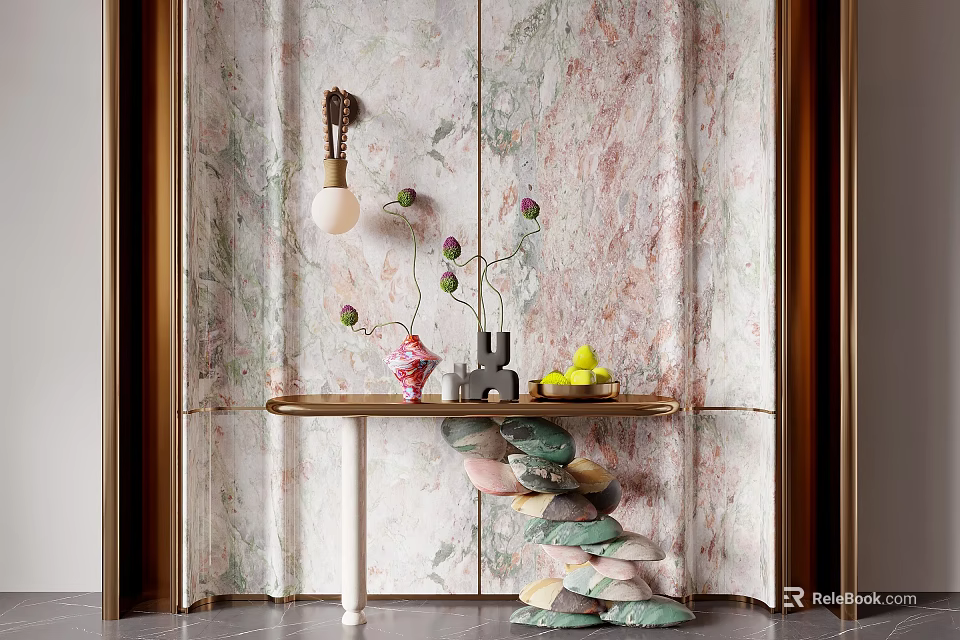 Elegant Modern Entryway Console Table With Marble Wall Vase Green Plants And Stone Ornaments 3d model 