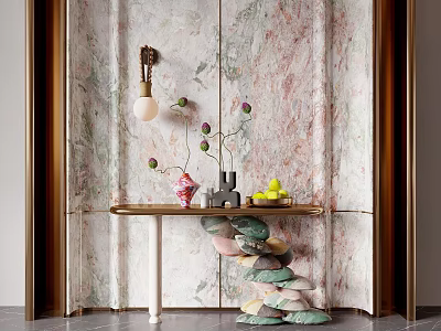 Elegant Modern Entryway Console Table With Marble Wall Vase Green Plants And Stone Ornaments 3d model
