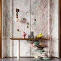 Elegant Modern Entryway Console Table With Marble Wall Vase Green Plants And Stone Ornaments