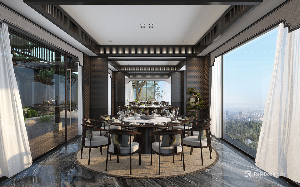 Elegant Chinese Style Private Dining Room With Round Table Chairs And City View 3d model 