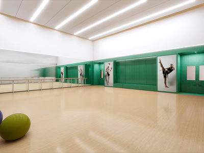 Modern Fitness Studio Interior Featuring Green Walls Dancer Posters Ballet Barre And Exercise Ball 3d model