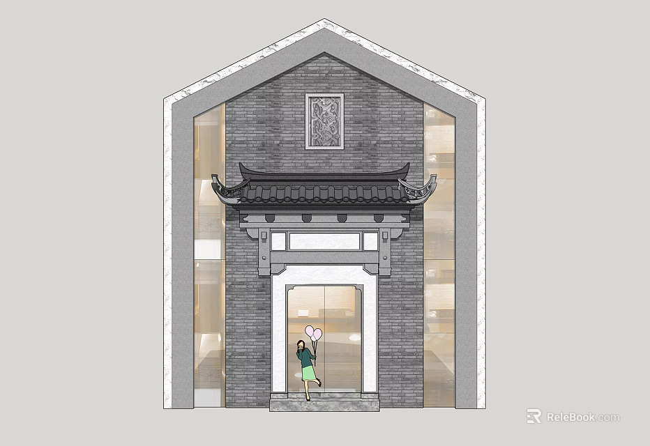 Traditional Chinese Entrance Gate With Gray Brick Wall And Classic Roof Structure 3d model 