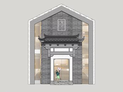 Traditional Chinese Entrance Gate With Gray Brick Wall And Classic Roof Structure 3d model