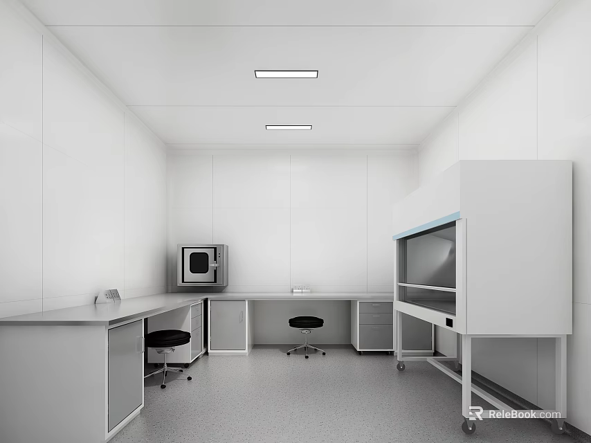 Clean Modern Laboratory Interior With White Walls Lab Benches Stools Ceiling Lights And Fume Hood 3d model 