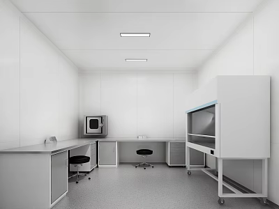 Clean Modern Laboratory Interior With White Walls Lab Benches Stools Ceiling Lights And Fume Hood 3d model