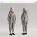 Model In Black White Striped Jumpsuit With Brown Cuffs Collar Front Back Views