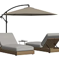Outdoor Wooden Frame Lounge Chairs With Gray Cushions Beige Parasol And Small Side Table