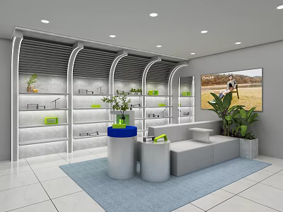 Modern Shopping Mall Counter Design With Display Shelves Green Plants And Sofa Seating 3d model