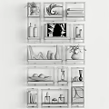 Stylish Decorative Ornament Set with Black Frame Shelves Various Shaped Vases Sculptures and Geometric Panels