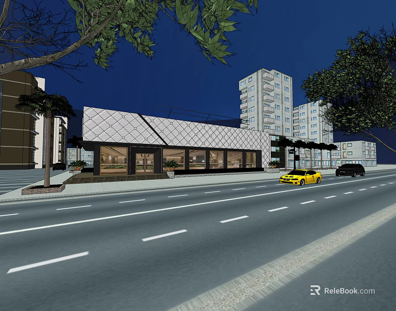 Modern Street Scene At Night With Buildings Trees And Yellow Car 3d model 