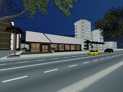Modern Street Scene At Night With Buildings Trees And Yellow Car 3d model