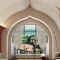 Elegant Living Room Interior With Arched Window Lake View Red Wall And Beige Sofa