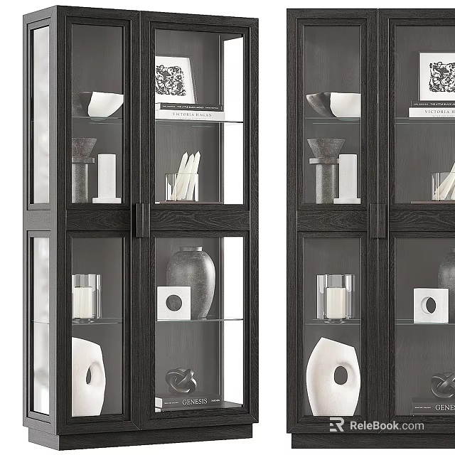 Modern Dark Wood Display Cabinet With Glass Doors Holding Vases Candles And Books 3d model 