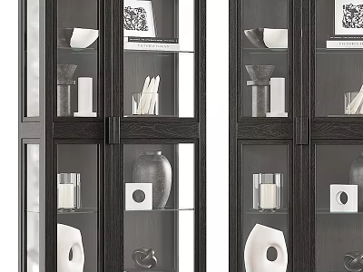 Modern Dark Wood Display Cabinet With Glass Doors Holding Vases Candles And Books 3d model