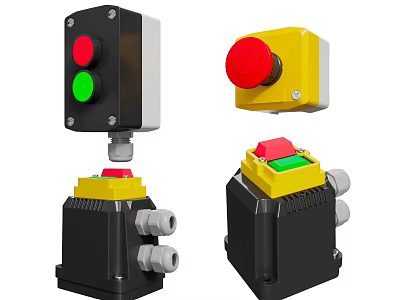 Industrial Control Switch Panels With Red Green Yellow Buttons Black Yellow Housing Mounting Base Connectors 3d model