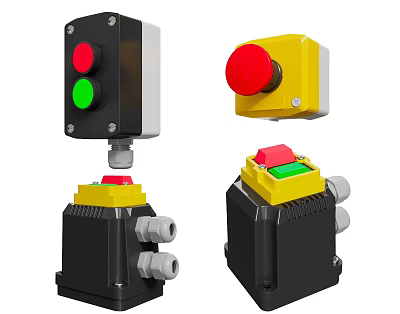 Industrial Control Switch Panels With Red Green Yellow Buttons Black Yellow Housing Mounting Base Connectors 3d model