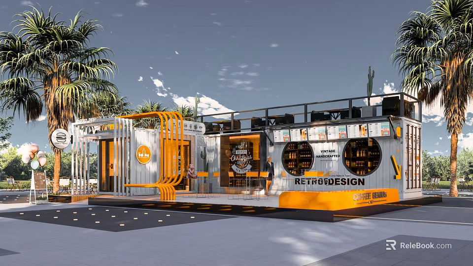 Milk Tea Shop With Container Design Orange White Exterior Retro Style And Outdoor Palm Trees 3d model 