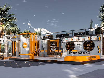 Milk Tea Shop With Container Design Orange White Exterior Retro Style And Outdoor Palm Trees 3d model