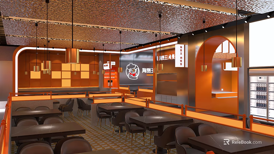 Modern Hotpot Restaurant Interior Design With Warm Orange Decor Hanging Lamps And Tables Chairs 3d model 
