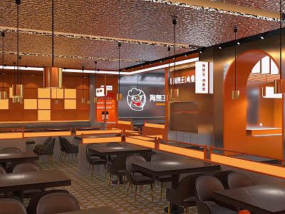 Modern Hotpot Restaurant Interior Design With Warm Orange Decor Hanging Lamps And Tables Chairs 3d model