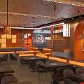 Modern Hotpot Restaurant Interior Design With Warm Orange Decor Hanging Lamps And Tables Chairs