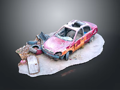 Abandoned Damaged Car With Pink Orange Paint Surrounded By Trash And Debris 3d model