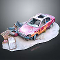 Abandoned Damaged Car With Pink Orange Paint Surrounded By Trash And Debris