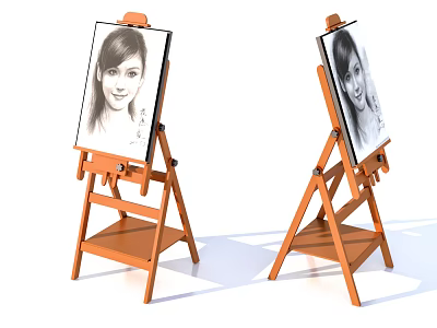 Two Wooden Easels Displaying Sketch Portraits Of Women On White Background 3d model