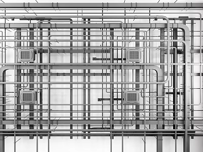 Grid Arranged Industrial Pipes with Metal Support Frames and Mechanical Components 3d model