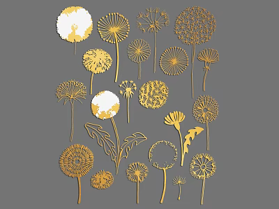 Gold And White Dandelion Wall Decor With Various Sizes And Intricate Patterns 3d model