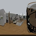 Modern Living And Dining Room Interior With Sofa Coffee Table Open Kitchen And Chandelier