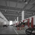Parking Lot Featuring Red Pipes Hanging Lights Repair Equipment and Parked Cars on Gray Floor