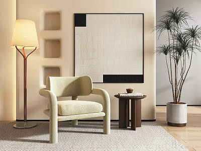 Beige Leisure Chair with Floor Lamp Small Side Table and Plant in Cozy Interior 3d model