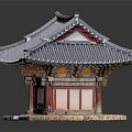 Traditional Korean Architecture Model With Gray Tile Roof Red Columns And Decorative Doors