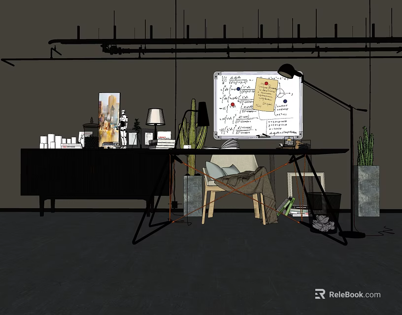 Modern Home Office Desk Setup With Whiteboard Lamp Potted Plant And Chair 3d model 