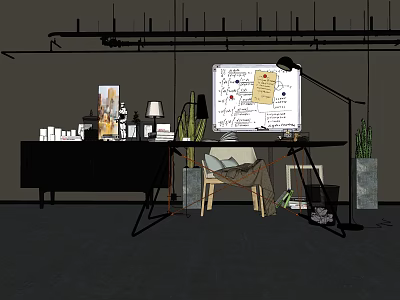 Modern Home Office Desk Setup With Whiteboard Lamp Potted Plant And Chair 3d model