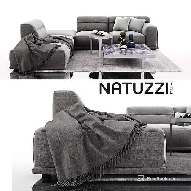 NATUZZI Gray Two Seater Sofa With Cozy Blanket And Coffee Table 3d model 