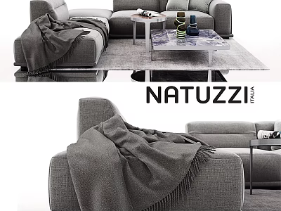 NATUZZI Gray Two Seater Sofa With Cozy Blanket And Coffee Table 3d model